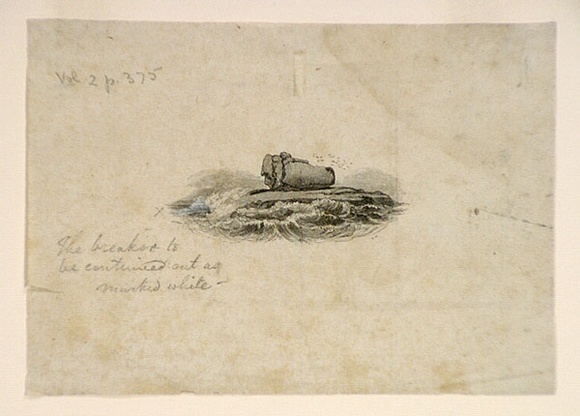 Artist: b'MITCHELL, Thomas' | Title: b'Breakers on the rocks' | Date: c.1838 | Technique: b'wood-engraving, printed in black ink, from one block; with gouache additions' Artist: b'MITCHELL, Thomas' | Title: b'Breakers on the rocks' | Date: c.1838 | Technique: b'wood-engraving, printed in black ink, from one block; with gouache additions'