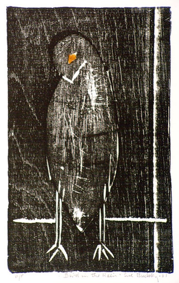 Artist: b'Buckley, Sue.' | Title: b'Bird in the rain.' | Date: 1961 | Technique: b'woodcut, printed in black ink, from one block; hand-coloured' | Copyright: b'This work appears on screen courtesy of Sue Buckley and her sister Jean Hanrahan' Artist: b'Buckley, Sue.' | Title: b'Bird in the rain.' | Date: 1961 | Technique: b'woodcut, printed in black ink, from one block; hand-coloured' | Copyright: b'This work appears on screen courtesy of Sue Buckley and her sister Jean Hanrahan'