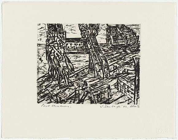 Artist: b'Senbergs, Jan.' | Title: b'Port structures' | Date: 1992 | Technique: b'etching, printed in black ink, from one plate' | Copyright: b'\xc2\xa9 Jan Senbergs' Artist: b'Senbergs, Jan.' | Title: b'Port structures' | Date: 1992 | Technique: b'etching, printed in black ink, from one plate' | Copyright: b'\xc2\xa9 Jan Senbergs'