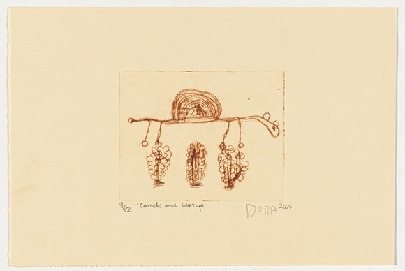 Artist: b'Napurrula Long, Dora.' | Title: b'Camelo and watiya' | Date: 2004 | Technique: b'drypoint etching, printed in brown ink, from one perspex plate' Artist: b'Napurrula Long, Dora.' | Title: b'Camelo and watiya' | Date: 2004 | Technique: b'drypoint etching, printed in brown ink, from one perspex plate'