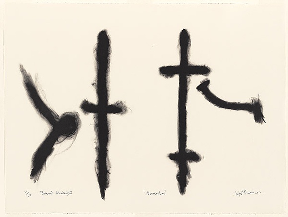 Artist: b'Hotere, Ralph.' | Title: b'Round Midnight: November' | Date: 2000 | Technique: b'lithograph, printed in black ink, from one plate' Artist: b'Hotere, Ralph.' | Title: b'Round Midnight: November' | Date: 2000 | Technique: b'lithograph, printed in black ink, from one plate'