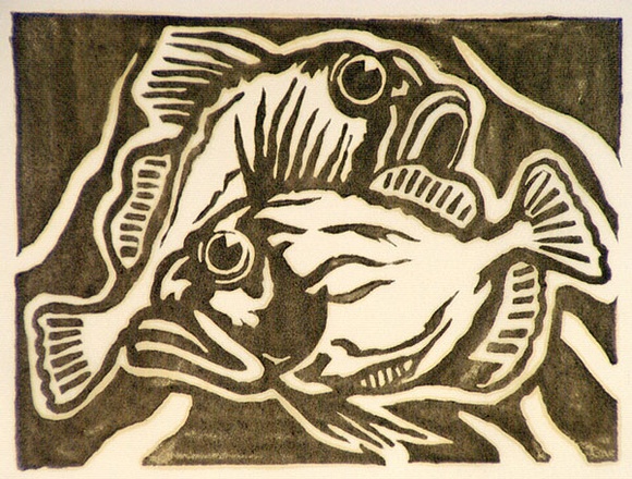 Artist: b'Stephen, Clive.' | Title: b'(Two fish)' | Date: c.1950 | Technique: b'linocut, printed in black ink, from one block' Artist: b'Stephen, Clive.' | Title: b'(Two fish)' | Date: c.1950 | Technique: b'linocut, printed in black ink, from one block'