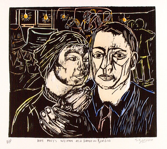 Artist: b'Zofrea, Salvatore.' | Title: b'Man meets woman at a dance in Borgia.' | Date: 1989 | Technique: b'woodcut, printed in black, from one block; hand-coloured' | Copyright: b'\xc2\xa9 Salvatore Zofrea, 1989' Artist: b'Zofrea, Salvatore.' | Title: b'Man meets woman at a dance in Borgia.' | Date: 1989 | Technique: b'woodcut, printed in black, from one block; hand-coloured' | Copyright: b'\xc2\xa9 Salvatore Zofrea, 1989'