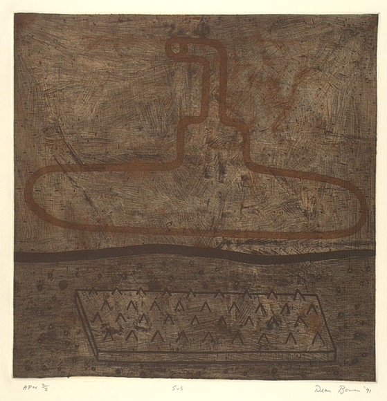 Artist: b'Bowen, Dean.' | Title: b'Sub' | Date: 1991 | Technique: b'etching, printed in brown, ochre and black ink, from three plates' Artist: b'Bowen, Dean.' | Title: b'Sub' | Date: 1991 | Technique: b'etching, printed in brown, ochre and black ink, from three plates'