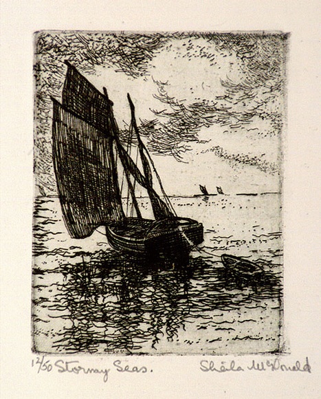 Artist: b'McDonald, Sheila.' | Title: b'Stormy seas' | Date: c.1935 | Technique: b'etching, aquatint printed in green ink with plate-tone' Artist: b'McDonald, Sheila.' | Title: b'Stormy seas' | Date: c.1935 | Technique: b'etching, aquatint printed in green ink with plate-tone'
