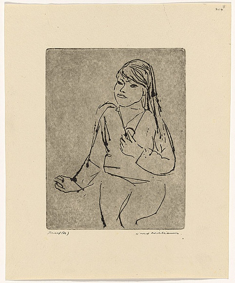 Artist: b'WILLIAMS, Fred' | Title: b'Marigold Smith' | Date: 1964-65 | Technique: b'engraving, etching, flat biting, printed in black ink, from one copper plate' | Copyright: b'\xc2\xa9 Fred Williams Estate' Artist: b'WILLIAMS, Fred' | Title: b'Marigold Smith' | Date: 1964-65 | Technique: b'engraving, etching, flat biting, printed in black ink, from one copper plate' | Copyright: b'\xc2\xa9 Fred Williams Estate'