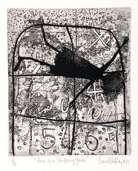 Artist: b'Hadley, Basil.' | Title: b'Love is a skipping game' | Date: 1975 | Technique: b'etching, aquatint and deep etch, printed in black ink, from one plate' Artist: b'Hadley, Basil.' | Title: b'Love is a skipping game' | Date: 1975 | Technique: b'etching, aquatint and deep etch, printed in black ink, from one plate'