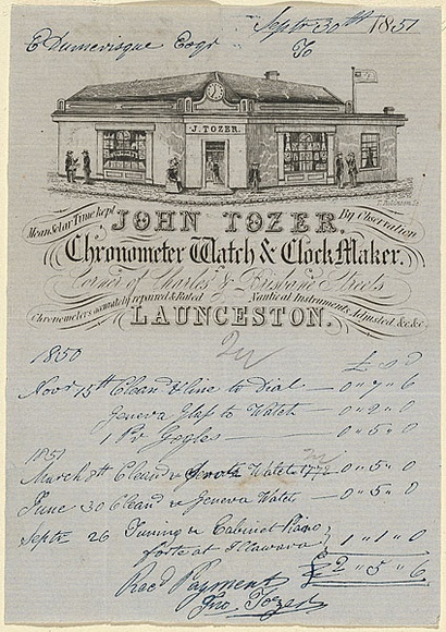 Artist: b'Robinson, T.E.' | Title: b'Billhead: John Tozer, Chronometer, watch and clock maker, Launceston.' | Date: 1851 | Technique: b'line-engraving, printed in black ink, from one copper plate' Artist: b'Robinson, T.E.' | Title: b'Billhead: John Tozer, Chronometer, watch and clock maker, Launceston.' | Date: 1851 | Technique: b'line-engraving, printed in black ink, from one copper plate'