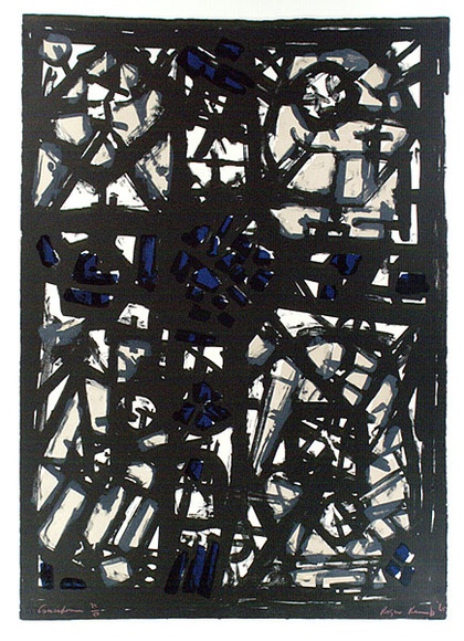 Artist: b'Kemp, Roger.' | Title: b'Cruciform' | Date: 1965 | Technique: b'lithograph, printed in colour, from three zinc plates; hand-coloured with synthetic polymer paint' Artist: b'Kemp, Roger.' | Title: b'Cruciform' | Date: 1965 | Technique: b'lithograph, printed in colour, from three zinc plates; hand-coloured with synthetic polymer paint'