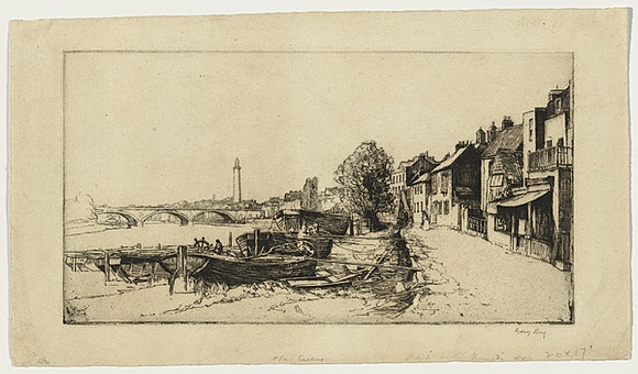 Artist: b'Long, Sydney.' | Title: b'Strand on the green No.3' | Date: 1923 | Technique: b'line-etching and drypoint, printed in black ink with plate-tone, from one copper plate' | Copyright: b'Reproduced with the kind permission of the Ophthalmic Research Institute of Australia' Artist: b'Long, Sydney.' | Title: b'Strand on the green No.3' | Date: 1923 | Technique: b'line-etching and drypoint, printed in black ink with plate-tone, from one copper plate' | Copyright: b'Reproduced with the kind permission of the Ophthalmic Research Institute of Australia'