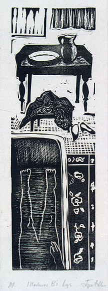 Artist: b'Allen, Joyce.' | Title: bMadame B's legs. | Date: 1970 | Technique: b'linocut, printed in black ink, from one block' Artist: b'Allen, Joyce.' | Title: bMadame B's legs. | Date: 1970 | Technique: b'linocut, printed in black ink, from one block'