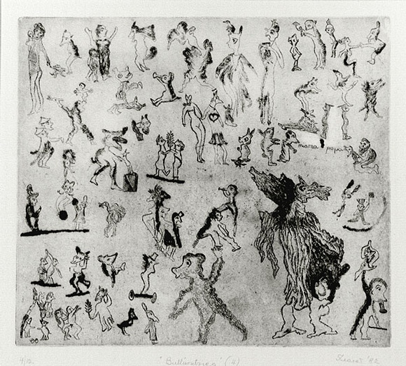 Artist: b'Shearer, Mitzi.' | Title: b'Bulliwutzies 4' | Date: 1982 | Technique: b'etching, foul bite, printed in black ink with plate-tone, from one plate'