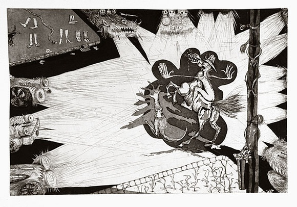 Artist: b'COLEING, Tony' | Title: b'Helping my Koala across the road.' | Date: 1986 | Technique: b'etching, aquatint and roulette, printed in black ink, from one copper plate' Artist: b'COLEING, Tony' | Title: b'Helping my Koala across the road.' | Date: 1986 | Technique: b'etching, aquatint and roulette, printed in black ink, from one copper plate'