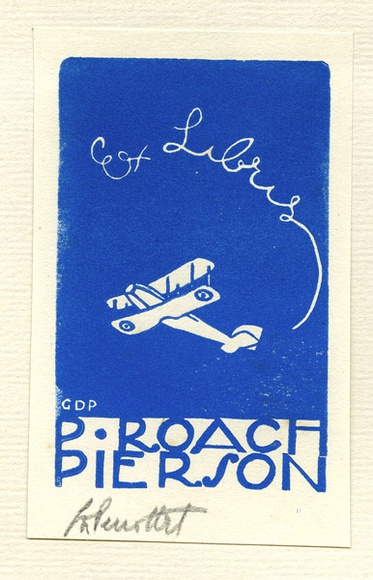 Artist: b'PERROTTET, George' | Title: b'Bookplate: P Roach-Pierson.' | Date: 1932 | Technique: b'linocut, printed in blue ink, from one block' Artist: b'PERROTTET, George' | Title: b'Bookplate: P Roach-Pierson.' | Date: 1932 | Technique: b'linocut, printed in blue ink, from one block'