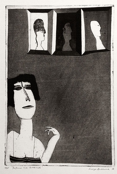 Artist: b'BALDESSIN, George' | Title: b'Performer and billboard.' | Date: 1966 | Technique: b'etching and aquatint, printed in black ink, from one plate' Artist: b'BALDESSIN, George' | Title: b'Performer and billboard.' | Date: 1966 | Technique: b'etching and aquatint, printed in black ink, from one plate'