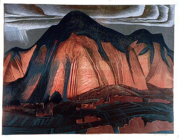 Artist: GRIFFIN, Murray | Title: Burning mountain | Date: 1966 | Technique: linocut, printed in colour, from multiple blocks Artist: GRIFFIN, Murray | Title: Burning mountain | Date: 1966 | Technique: linocut, printed in colour, from multiple blocks