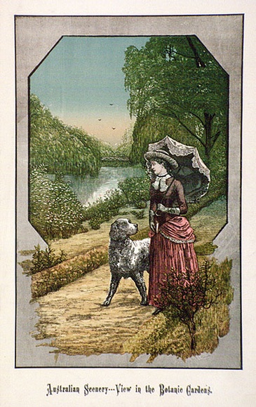 Artist: b'Ashton, Julian.' | Title: b'Australian scenery. View in the Botanic Gardens.' | Date: 1886 | Technique: b'wood-engraving, printed in colour, from seven blocks' Artist: b'Ashton, Julian.' | Title: b'Australian scenery. View in the Botanic Gardens.' | Date: 1886 | Technique: b'wood-engraving, printed in colour, from seven blocks'
