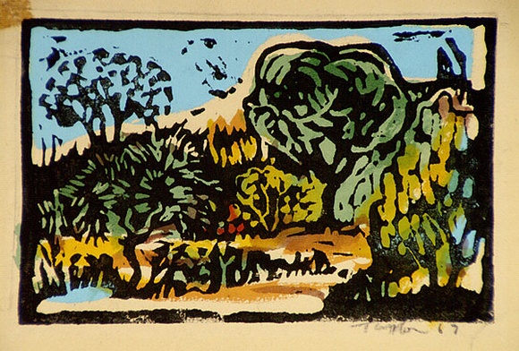 Artist: b'Taylor, John H.' | Title: b'Coloured landscape' | Date: 1967 | Technique: b'linocut, printed in black and grey ink, from two blocks; additional hand-colouring' Artist: b'Taylor, John H.' | Title: b'Coloured landscape' | Date: 1967 | Technique: b'linocut, printed in black and grey ink, from two blocks; additional hand-colouring'