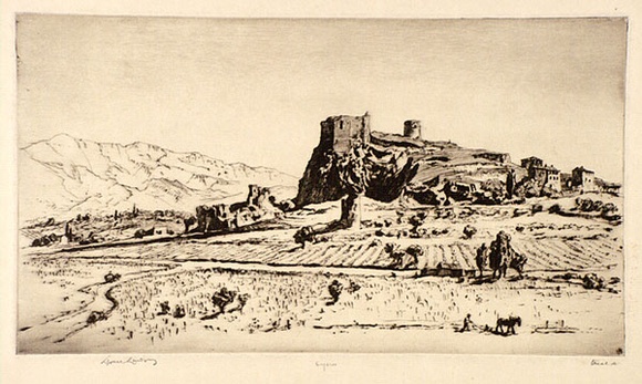 Artist: b'LINDSAY, Lionel' | Title: b'Ruined castle near Hyeres, France' | Date: 1928 | Technique: b'drypoint, printed in brown ink with plate-tone, from one plate' | Copyright: b'Courtesy of the National Library of Australia' Artist: b'LINDSAY, Lionel' | Title: b'Ruined castle near Hyeres, France' | Date: 1928 | Technique: b'drypoint, printed in brown ink with plate-tone, from one plate' | Copyright: b'Courtesy of the National Library of Australia'