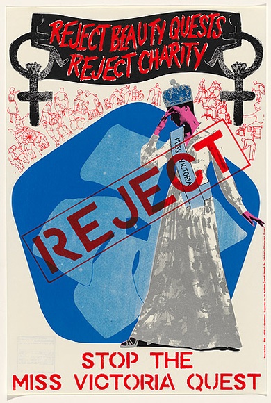 Artist: b'McIntyre, Tanya.' | Title: b'Reject, stop the Miss Victoria quest' | Date: 1984 | Technique: b'screenprint, printed in colour, from multiple stencils' Artist: b'McIntyre, Tanya.' | Title: b'Reject, stop the Miss Victoria quest' | Date: 1984 | Technique: b'screenprint, printed in colour, from multiple stencils'