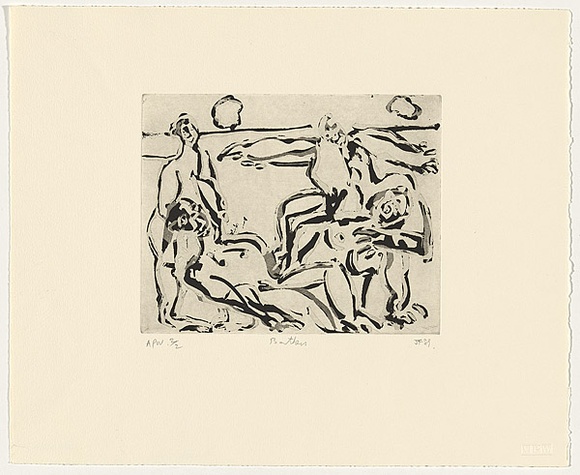 Artist: b'Furlonger, Joe.' | Title: b'Bathers' | Date: 1989 | Technique: b'etching, sugarlift and aquatint, printed in black, from one plate' Artist: b'Furlonger, Joe.' | Title: b'Bathers' | Date: 1989 | Technique: b'etching, sugarlift and aquatint, printed in black, from one plate'