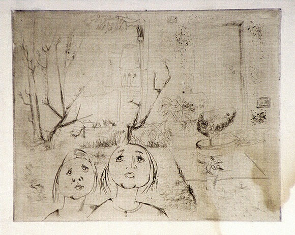 Artist: b'Barwell, Jennifer.' | Title: b'(Two girls in the garden).' | Date: (1955) | Technique: b'drypoint printed in brown ink with plate-tone, from one plate' Artist: b'Barwell, Jennifer.' | Title: b'(Two girls in the garden).' | Date: (1955) | Technique: b'drypoint printed in brown ink with plate-tone, from one plate'