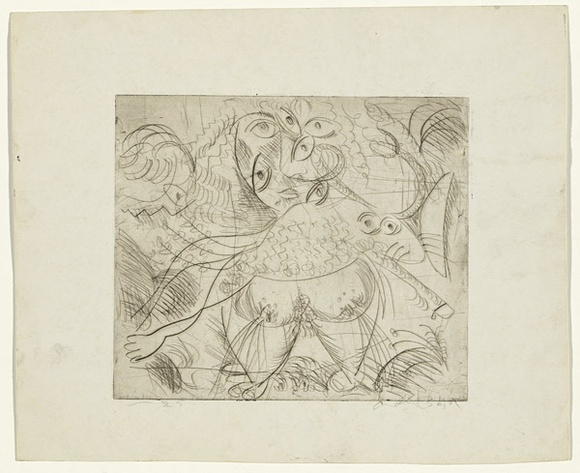 Artist: b'BOYD, Arthur' | Title: b'Figure with eyes and ram.' | Date: (1962-63) | Technique: b'drypoint, printed in black ink, from one plate' | Copyright: b'Reproduced with permission of Bundanon Trust' Artist: b'BOYD, Arthur' | Title: b'Figure with eyes and ram.' | Date: (1962-63) | Technique: b'drypoint, printed in black ink, from one plate' | Copyright: b'Reproduced with permission of Bundanon Trust'
