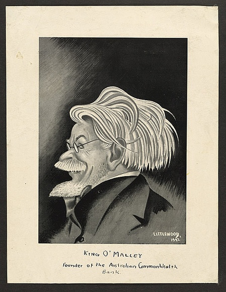 Artist: b'Bainbridge, John.' | Title: bA sheet with tipped on reproduction of a drawing of King O'Malley by John Bainbridge Littlewood [recto] cover for New Theatre Review Feb-Mar 1944, linocut by John Bainbridge [verso]. | Date: 1942-44 | Technique: b'half-tone line block, printed in black ink, from one stone [recto]; linocut, printed in brown ink, from one block [verso]'