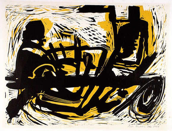 Artist: b'Kubbos, Eva.' | Title: b'Shifting from dark to light' | Date: 1962 | Technique: b'linocut, printed in colour, from mutliple blocks' Artist: b'Kubbos, Eva.' | Title: b'Shifting from dark to light' | Date: 1962 | Technique: b'linocut, printed in colour, from mutliple blocks'