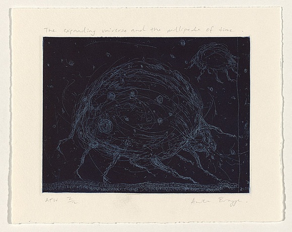 Artist: b'Bragge, Anita.' | Title: b'The expanding universe and the millipede of time' | Date: 1999, November | Technique: b'etching, relief printed in blue ink, from one plate' Artist: b'Bragge, Anita.' | Title: b'The expanding universe and the millipede of time' | Date: 1999, November | Technique: b'etching, relief printed in blue ink, from one plate'