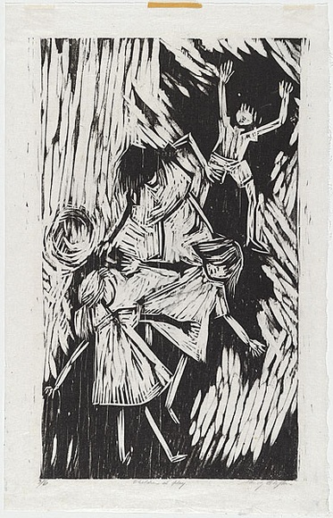 Artist: b'Clifton, Nancy.' | Title: b'Children at play.' | Date: 1967 | Technique: b'woodcut, printed in black ink, from one block' Artist: b'Clifton, Nancy.' | Title: b'Children at play.' | Date: 1967 | Technique: b'woodcut, printed in black ink, from one block'