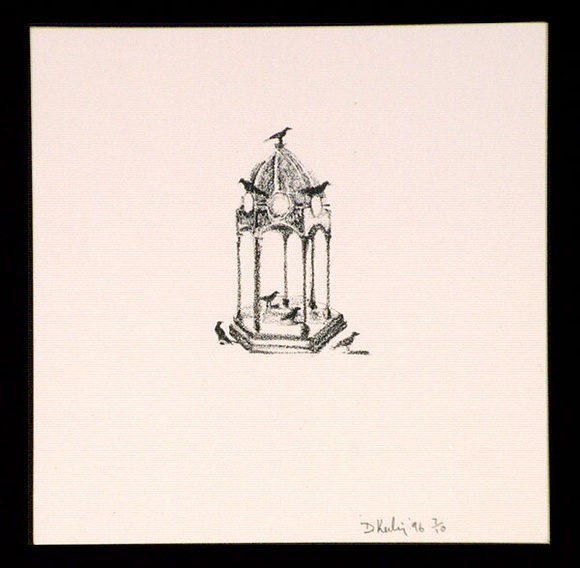 Artist: b'Keeling, David.' | Title: b'(bird on gazebo).' | Date: 1996 | Technique: b'lithograph, printed in colour, from two stone plates' | Copyright: b'This work appears on screen courtesy of the artist and copyright holder' Artist: b'Keeling, David.' | Title: b'(bird on gazebo).' | Date: 1996 | Technique: b'lithograph, printed in colour, from two stone plates' | Copyright: b'This work appears on screen courtesy of the artist and copyright holder'
