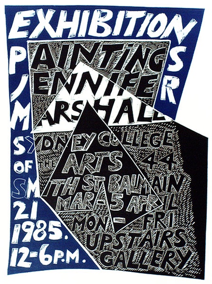 Artist: b'Marshall, Jennifer.' | Title: b'Exhibition paintings. Jennifer Marshall, Sydney College of the Arts' | Date: 1985 | Technique: b'woodcut, printed in colour, from multiple blocks' Artist: b'Marshall, Jennifer.' | Title: b'Exhibition paintings. Jennifer Marshall, Sydney College of the Arts' | Date: 1985 | Technique: b'woodcut, printed in colour, from multiple blocks'