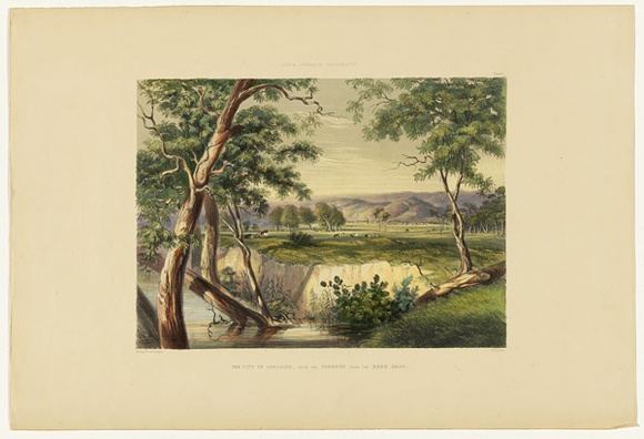 Artist: b'Angas, George French.' | Title: b'The city of Adelaide from the Torrens near the reed beds.' | Date: 1846-47 | Technique: b'lithograph, printed in colour, from multiple stones; varnish highlights by brush' Artist: b'Angas, George French.' | Title: b'The city of Adelaide from the Torrens near the reed beds.' | Date: 1846-47 | Technique: b'lithograph, printed in colour, from multiple stones; varnish highlights by brush'