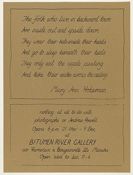 Artist: b'Powell, Andrew.' | Title: b'Andrew Powell photographs - Bitumen River Gallery' | Date: 1984 | Technique: b'screenprint, printed in black ink, from one stencil' Artist: b'Powell, Andrew.' | Title: b'Andrew Powell photographs - Bitumen River Gallery' | Date: 1984 | Technique: b'screenprint, printed in black ink, from one stencil'