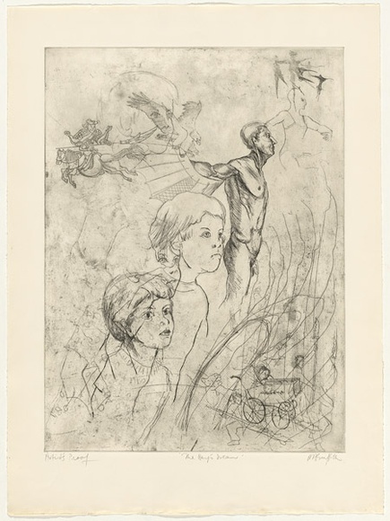 Artist: b'GRIFFITH, Pamela' | Title: bThe boy's dream | Date: 1978 | Technique: b'etching, soft ground, aquatint printed in black ink with plate-tone, from one zinc plate' | Copyright: b'\xc2\xa9 Pamela Griffith' Artist: b'GRIFFITH, Pamela' | Title: bThe boy's dream | Date: 1978 | Technique: b'etching, soft ground, aquatint printed in black ink with plate-tone, from one zinc plate' | Copyright: b'\xc2\xa9 Pamela Griffith'