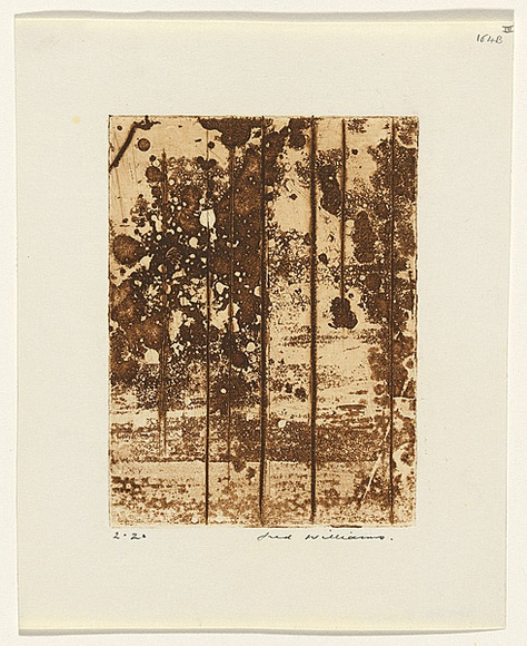 Artist: b'WILLIAMS, Fred' | Title: b'Landscape panel. Number 5' | Date: 1962 | Technique: b'aquatint, drypoint and engraving, printed in sepia ink from one copper plate' | Copyright: b'\xc2\xa9 Fred Williams Estate' Artist: b'WILLIAMS, Fred' | Title: b'Landscape panel. Number 5' | Date: 1962 | Technique: b'aquatint, drypoint and engraving, printed in sepia ink from one copper plate' | Copyright: b'\xc2\xa9 Fred Williams Estate'