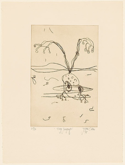 Artist: b'Olsen, John.' | Title: b'Frog jumping' | Date: 1975 | Technique: b'etching, printed in brown ink with plate-tone, from one zinc plate' | Copyright: b'\xc2\xa9 John Olsen. Licensed by VISCOPY, Australia' Artist: b'Olsen, John.' | Title: b'Frog jumping' | Date: 1975 | Technique: b'etching, printed in brown ink with plate-tone, from one zinc plate' | Copyright: b'\xc2\xa9 John Olsen. Licensed by VISCOPY, Australia'