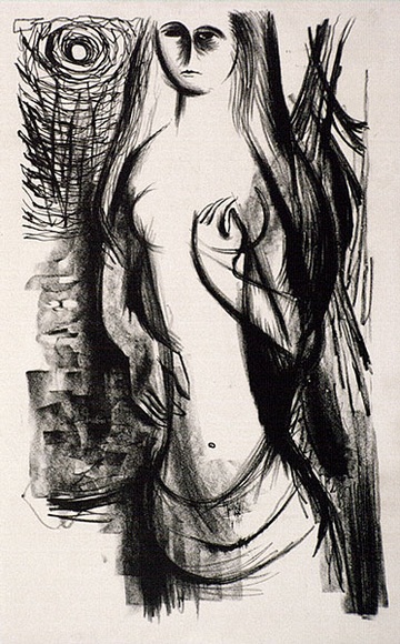 Artist: b'Barwell, Geoff.' | Title: b'(Moon maiden).' | Date: (1955) | Technique: b'lithograph, printed in black ink, from one plate' Artist: b'Barwell, Geoff.' | Title: b'(Moon maiden).' | Date: (1955) | Technique: b'lithograph, printed in black ink, from one plate'