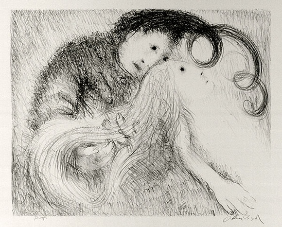 Artist: b'BOYD, Arthur' | Title: bSt Francis holding St Clare's hair. | Date: (1965) | Technique: b'lithograph, printed in black ink, from one plate' | Copyright: b'Reproduced with permission of Bundanon Trust' Artist: b'BOYD, Arthur' | Title: bSt Francis holding St Clare's hair. | Date: (1965) | Technique: b'lithograph, printed in black ink, from one plate' | Copyright: b'Reproduced with permission of Bundanon Trust'