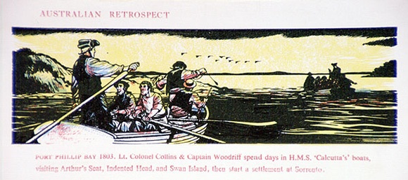 Artist: b'Wallace-Crabbe, Kenneth.' | Title: b'Greeting card: Port Phillip Bay 1803' | Date: 1960s | Technique: b'wood-engraving, printed in colour, from multiple blocks' | Copyright: b'Courtesy the estate of Kenneth Wallace-Crabbe' Artist: b'Wallace-Crabbe, Kenneth.' | Title: b'Greeting card: Port Phillip Bay 1803' | Date: 1960s | Technique: b'wood-engraving, printed in colour, from multiple blocks' | Copyright: b'Courtesy the estate of Kenneth Wallace-Crabbe'