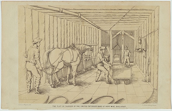 Artist: b'Hamel, Julius.' | Title: b'The plat or chamber of the United Extended Band of Hope Mine, Ballarat.' | Date: 1867 | Technique: b'lithograph, printed in colour, from two stones' Artist: b'Hamel, Julius.' | Title: b'The plat or chamber of the United Extended Band of Hope Mine, Ballarat.' | Date: 1867 | Technique: b'lithograph, printed in colour, from two stones'