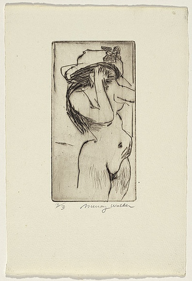 Artist: b'WALKER, Murray' | Title: b'(Standing female nude trying on hat)' | Technique: b'etching, printed in black ink, from one plate' Artist: b'WALKER, Murray' | Title: b'(Standing female nude trying on hat)' | Technique: b'etching, printed in black ink, from one plate'