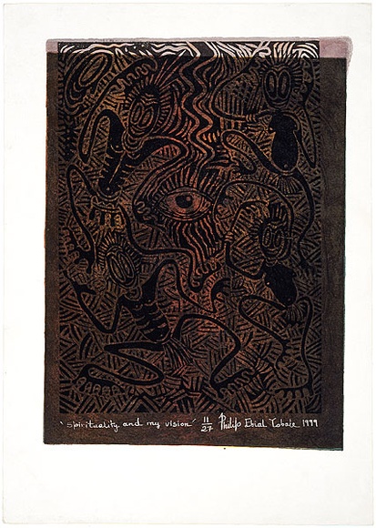 Artist: b'Yobale, Philip.' | Title: b'Spirituality and my vision' | Date: 1999 | Technique: b'linocut, printed in colour, from multiple blocks' Artist: b'Yobale, Philip.' | Title: b'Spirituality and my vision' | Date: 1999 | Technique: b'linocut, printed in colour, from multiple blocks'
