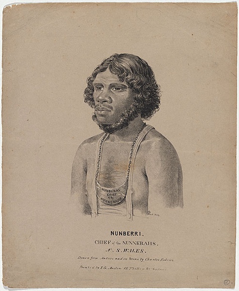 Artist: b'Rodius, Charles.' | Title: b'Nunberri, Chief of the Nunnerahs, N. S. Wales.' | Date: 1834 | Technique: b'lithograph, printed in black ink, from one stone; additions in gouache' Artist: b'Rodius, Charles.' | Title: b'Nunberri, Chief of the Nunnerahs, N. S. Wales.' | Date: 1834 | Technique: b'lithograph, printed in black ink, from one stone; additions in gouache'