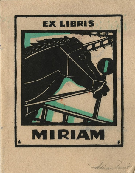 Artist: b'FEINT, Adrian' | Title: b'Bookplate: Miriam.' | Date: (1927) | Technique: b'wood-engraving, printed in colour, from two blocks in black and green inks' | Copyright: b'Courtesy the Estate of Adrian Feint' Artist: b'FEINT, Adrian' | Title: b'Bookplate: Miriam.' | Date: (1927) | Technique: b'wood-engraving, printed in colour, from two blocks in black and green inks' | Copyright: b'Courtesy the Estate of Adrian Feint'