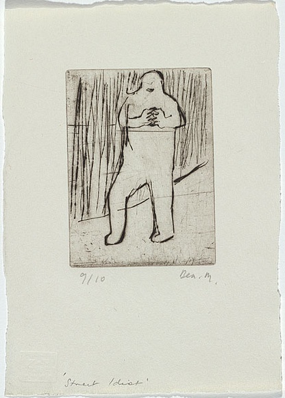 Artist: b'MADDOCK, Bea' | Title: b'Street idiot' | Date: 1966 | Technique: b'drypoint, printed in black ink, from one copper plate' Artist: b'MADDOCK, Bea' | Title: b'Street idiot' | Date: 1966 | Technique: b'drypoint, printed in black ink, from one copper plate'