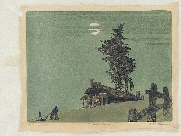 Artist: b'Palmer, Ethleen.' | Title: b'The homestead' | Date: 1937 | Technique: b'linocut, printed in colour, from multiple blocks' Artist: b'Palmer, Ethleen.' | Title: b'The homestead' | Date: 1937 | Technique: b'linocut, printed in colour, from multiple blocks'