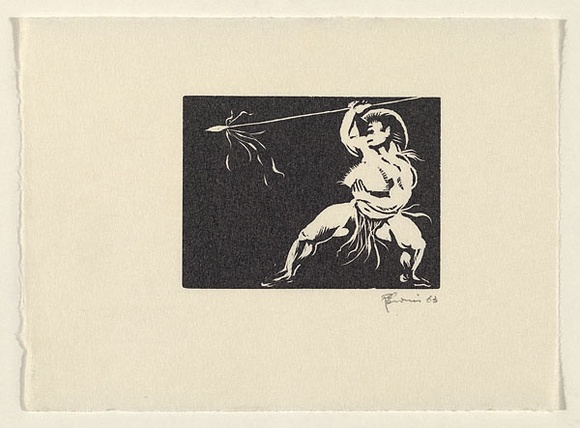Artist: b'EWINS, Rod' | Title: b'(Fijian speardancer].' | Date: 1963 | Technique: b'wood-engraving, printed in black ink, from one pear-wood block'