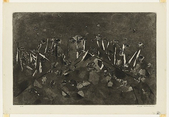 Artist: b'WILLIAMS, Fred' | Title: b'Knoll in the You Yangs' | Date: 1963-64 | Technique: b'aquatint, engraving, drypoint, printed in black ink, from one zinc plate' | Copyright: b'\xc2\xa9 Fred Williams Estate' Artist: b'WILLIAMS, Fred' | Title: b'Knoll in the You Yangs' | Date: 1963-64 | Technique: b'aquatint, engraving, drypoint, printed in black ink, from one zinc plate' | Copyright: b'\xc2\xa9 Fred Williams Estate'